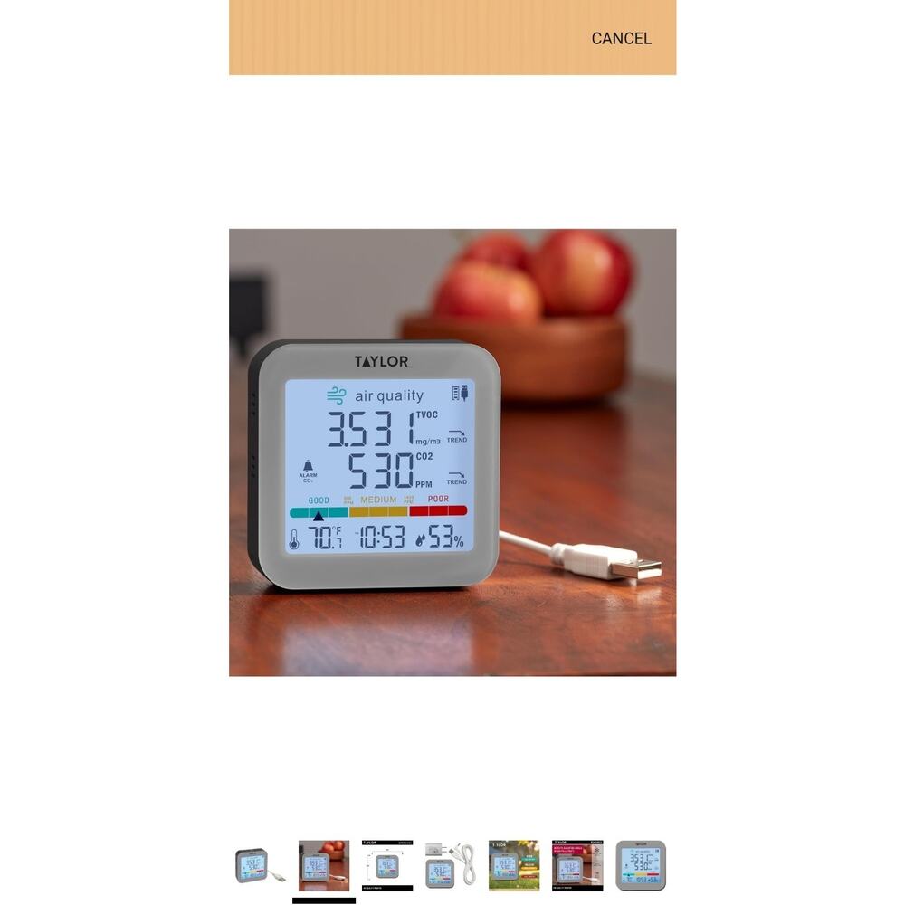TAYLOR Air Quality Monitor Measures Indoor Temperature + Humidity Alerts LED NEW